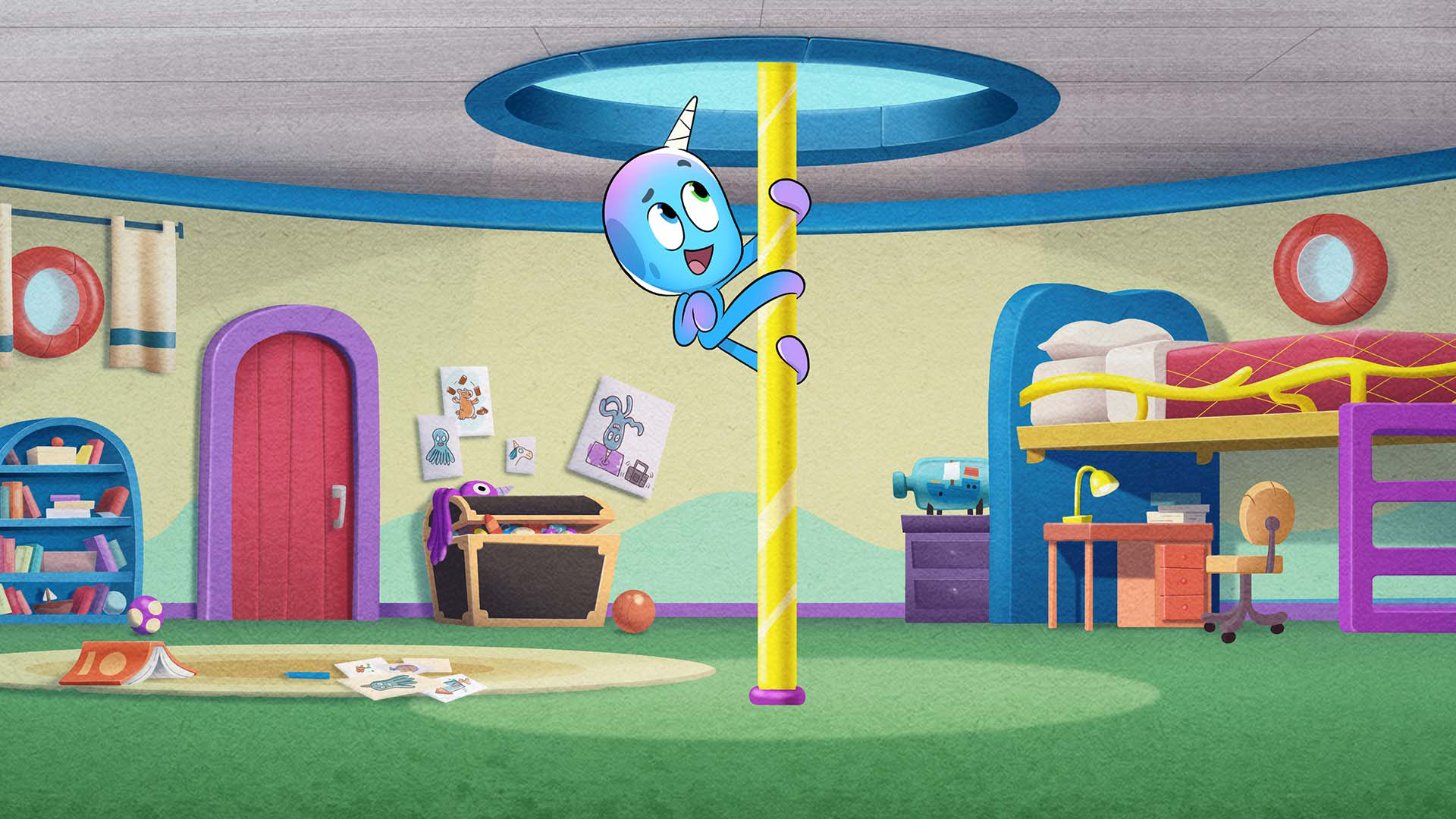 Octi from Octicorn in his playroom as he slides down his escape pole.